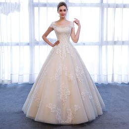 Ball Gown Lace Tulle Champagne Wedding Dress Jewel Neck Corset Back Floor Length Women Formal Country Wedding Gowns Custom Made