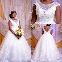 Nigerian Dresses Arabic Sheer Neck Long Illusion Sleeves Backless Sweep Train Lace Applique Tiered Tulle Wedding Bridal Gowns