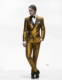 New Fashion Shiny Gold Groom Tuxedos Groomsmen Excellent Men Business Formal Suit Party Prom Suit(Jacket+Pants+Bows Tie)NO:98