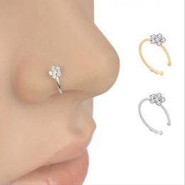 Small tThin 5 Clear Crystals Rhinestone Plum Blossom Flower Nose Ring Charm Silver Hoop Stud Jewelry Fake Piercing BodyJewelry