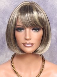 Classic Bob Full Wig Straight w. Bangs Stunning HairPiece 18/22 Blonde mix NWT