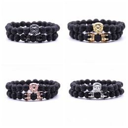 2 Pcs/Set Animal King Lion Head Lava Stone Bracelet Black Natural Stone Crown Couple Braclet Sets For Men Hand Jewellery Accessories