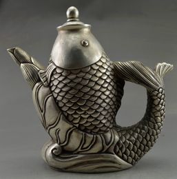 17 cm * /Old Tibet sier hand carved Chinese decorative carp, big teapot