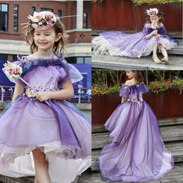 Purple High Low Girls Pageant Gowns Spaghetti Tulle Layers Appliques Beads Flower Girl Dresses For Wedding Lace Up Baby Prom Party Dresses