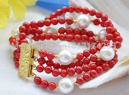 Free Shipping>>>4row 8" 6mm red coral bead 12mm round white shell pearl bracelet