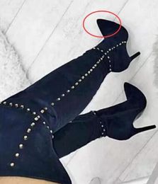 2018 Fashion Blue Suede Leather Women Over The Knee Boots Gold Studs Ladies High Heel Boots Sexy Point Toe Rivets Motorcycle Boot