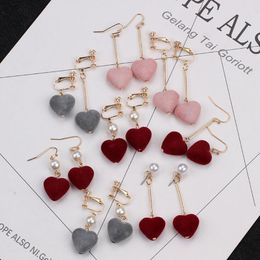 hot sell love earrings flannelette Heart-shaped unsymmetrical earrings girl's pearl sweet without ear cave ear clip