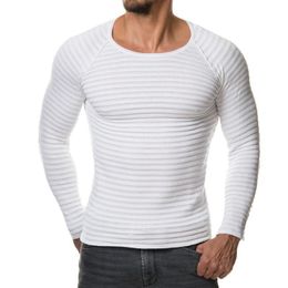 Autumn Long Sleeve Pullover Sweater Men Vertical Stripes Solid Slim Fit Knitting Woolly Casual O Neck Causal Whiter Sweaters