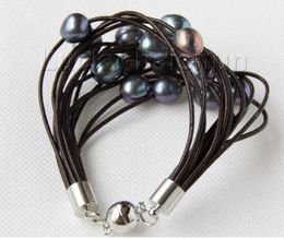 Free shipping 8" 13mm 15row black pearls wine red leather bracelet j9662 @^Noble style Natural Fine jewe