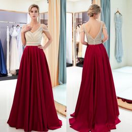 Elegant V Neck Beading Prom Dresses Champagne Top Dark Red Long Evening Gowns Sexy Backless Formal Party Dress Custom Made
