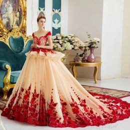 Red Romantic Princess Wedding Gowns Illusion Neck Beaed 3D-Floral Appliques Cap Sleeve Bridal Dresses Gorgeous Cathedral Train Wed220b