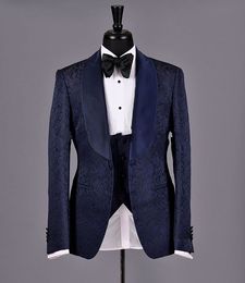 New Style Navy Blue Paisley 3 Piece Suit Men Wedding Tuxedos Excellent Groom Tuxedos Men Business Dinner Prom Blazer(Jacket+Pants+Tie+Vest)8