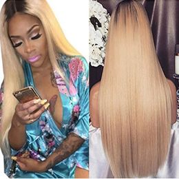 Glue less Full Lace Human Hair Wigs Ombre 1B 613 Straight Natural Hairline Wigs 150 Density Brazilian Virgin Hair Lace Frontal Wig