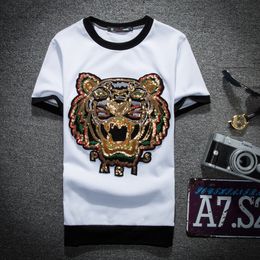2018 Primavera Verão famosa Marca para homens T-shirt Designer de luxo vermelho preto tarja letra impressão tshirt Runway tiger cat Tees Casual Top