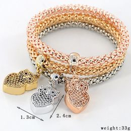 owl jewelry bracelets Canada - 2018 New 1set (3pcs) Fashion Hollow Owl Pendant Elasticity Bracelet Popcorn Corn Chain Bracelets 3 Colors Bracelets Women Jewelry Gift