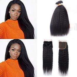 Mongolian Kinky Straight Yaki Coarse 3 Bundles With 4X4 Lace Closure Human Hair Bundles With Closure Middle Three Free Part 8-28inch