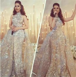 Dubai Evening Arabic Dresses Deep Jewel Neck Lace Applique Sequins Beaded Formal Mermaid Prom Dress Party Gowns Detachable Train