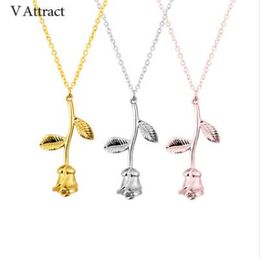 V Attract Silver Collier Femme Stainless Steel Long Chain Collier Pink Rose Flower Statement Necklace Women Jewelry Maxi Choker