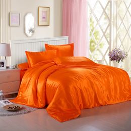 Jeefttby Soft Orange Yellow Silk Satin 4pcs Bed Sheet Solid Colour Double Simulation Silk Satin Bedding Duvet Cover Pillowcase