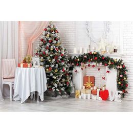 Indoor White Brick Wall Christmas Party Background Printed Xmas Tree with Gold Red Balls Love Theme Family Photography Backdrops