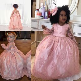 Pink Lace Girls Pageant Gowns Sheer Long Sleeves With Big Bow On Back Floor Length Flower Girl Dresses For Wedding Baby Party Dress