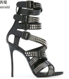 Rome Style Studded Rivets Thin Heels Women Shoes Ankle Buckle Strap Women Pumps Peep Toe High Heels Gladiator Sandals