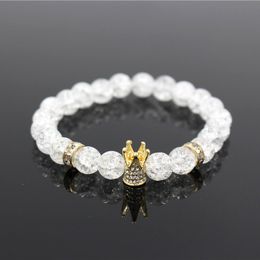 White Gold Color King Crown Charm Bracelet Men Dull Polish White Popcorn Stone Bead Bracelet Jewelry For Women