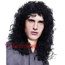 wigs for african american men UK - Mens Long Curly Black Hard 80s Rocker Wig Themed Party Wig Halloween Costume Anime Wig African American Wigs Synthetic Full Wigs In Stock