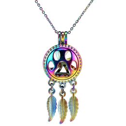 C706 Rainbow Color Dream Catcher Cat-pad leaf Beads Cage Pendant Essential Oil Diffuser Aromatherapy Pearl Cage Locket Pendant Necklace