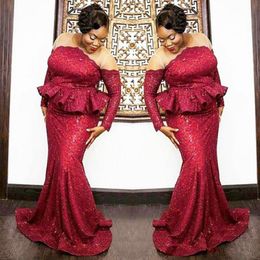 Cheap Plus Size South African Evening Dresses Dark Red Sequined Long Sleeves Prom Gowns Sheer Neck Peplum Mermaid Women Party Vestidos