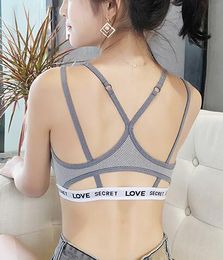 New design women's summer spaghetti strap letter print padded bustier back cross bandage hollow out short camisole sports yoga tank vest