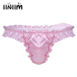 iiniim New Mens Lingerie Soft Comfortable Shiny Ruffled Frilly Sissy Bikini Elastic Waistband Briefs Thong Underwear Underpants
