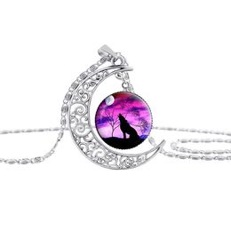 Totem Wolf Glass Cabochon Moon Time Gemstone Necklace Chains Silver Animal Models Fashion Jewellery for Women Gifts DROP SHIP 7111