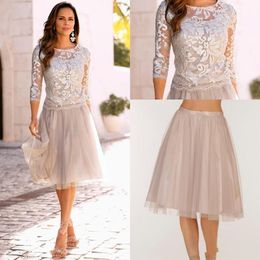 Knee Length Short Two Pieces Mother Of The Bride Dresses Lace Tulle 3/4 Long Sleeves Evening Gowns Prom Party Dress