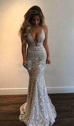 2019 Luxury Plunging V Neck Evening Dress Newest Beads Lace Backless Formal Celebrity Holiday Wear Prom Party Gown Custom Made Plus Size