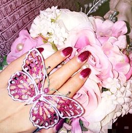 Fashion pearl pink rhinestone Large butterfly rings For women exaggerated gem open bridal wedding silver finger ring ladies