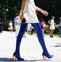 2018 Super Hot Blue Patent Leather Women Sexy Thigh High Boots Pointy Toe Colorful Crystal Chunky Heel Knight Boot Over The Knee