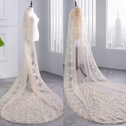 High-end Champagne 3M Long Cathedral Wedding Veils With Lace Applique Trim Beaded Soft Tulle Real Image Cheap Sequined Bridal Veil