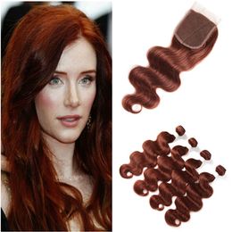 Peruvian Copper Red Human Hair Weaves Extensions with Lace Front Closure 4x4 Body Wave #33 Dark Auburn Virgin Hair 4 Bundle Deals Extensions