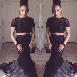 Black Two Pieces Prom Dresses Sexy Sheer Neck Short Sleeves Mermaid Evening Gowns Lace Appliques Beaded Cocktail Party Dress With Train