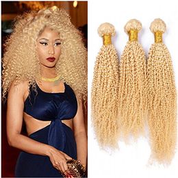 Best Quality Malaysian Blonde Virgin Human Hair Extensions Kinky Curly Pure #613 Golden Blonde Human Hair Weaves 3Pcs Malaysian Hair Bundles