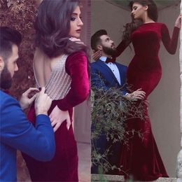 Designer Burgundy Mermaid Evening Dresses Party Gown Velvet Low Back Long Sleeve Prom Gowns Elegant Beaded dresses party evening celebrity