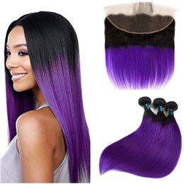 Dark Roots Silky Straight Hair Wefts With Frontal Closure Ombre Colour 1B Purple Hair And Ear To Ear Frontal With Baby Hair