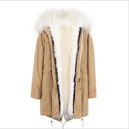 White Mongolia sheep fur trim ladies snow coats white lamb fur lining khaki long parkas