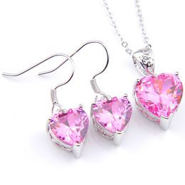 LuckyShine 5 Sets Crystal Zircon Heart Pink Kunzite Earrings and Pendant Chain Necklace 925 Silver Women Fashion Wedding Sets FREE SHIPPING