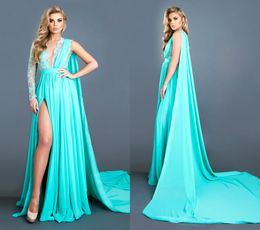 2022 New Light Sky Blue Lace Evening Dresses With Long Cape Chiffon One Long Sleeve Deep V Neck High Slit Beaded Sexy Formal Party Prom Gown