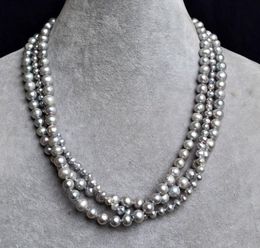 New Arriver Natural Pearl Jewellery,Gray Colour 3rows 18inches 5-9mm Freshwater Pearl Necklace,Mother Day,Brides Gift