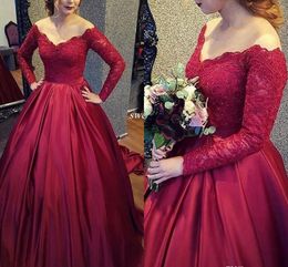 Red off the Shoulder Long Sleeves Gothic Ball Gown Wedding Dresses Sleeved Lace Appliques Satin Short train Non White Arabic Bridal Gowns