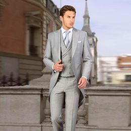 Light Grey Tailcoat Men Wedding Tuxedos Morning Style Groom Tuxedos Peak Lapel One Button Men Dinner Prom clothes(Jacket+Pants+Tie+Vest)1753