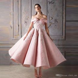 Blush Pink Prom Dresses Ankle Length Off The Shoulder Lace Evening Dress A Line Back Zipper Custom made Celebrity Cocktail Party Gowns